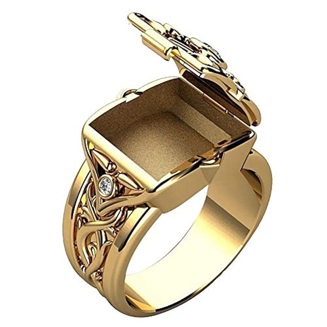  Men‘s Ring with Secret Compartment Mini Clamshell Storage Box Design Retro Carved Band Rings Punk Hip Hop Party Jewelry Unique Gift for Men Women Rapper Biker Gold/Wedding Party / Color Size 6-14