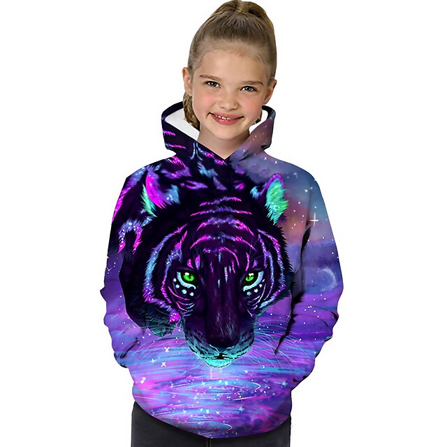 Baby & Kids Girls Clothing | Kids Toddler Girls Hoodie & Sweatshirt Long Sleeve Tiger Print Color Block Geometric 3D Print Purpl