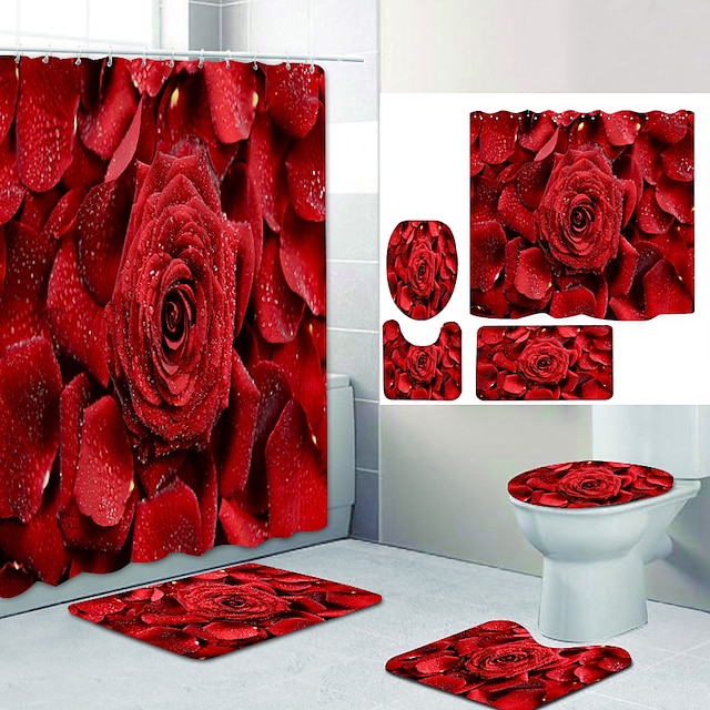 Valentine's Day Waterproof Polyester Fabric &Hooks Bathroom Shower Curtain Roses 