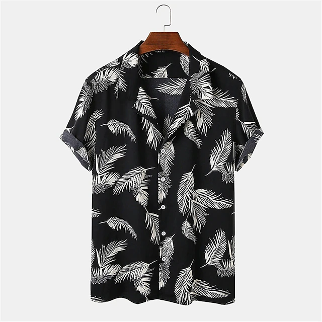 Men's Feather Tropical Plants Shirt Summer Hawaiian Shirt Camp Collar Shirt Short Sleeve Shirt Turndown Hawaiian Designer Casual Outdoor Daily Black Yellow Other Prints S M L 5