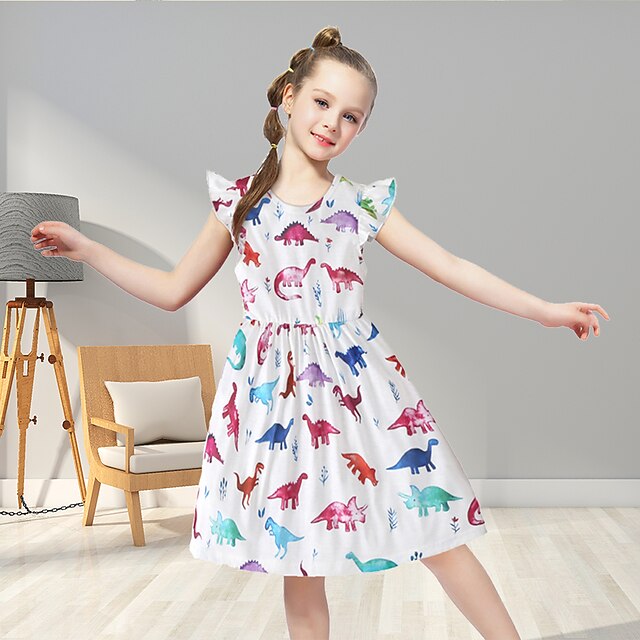 

Toddler Little Girls' Dress Dinosaur A Line Dress Daily Print White Black Knee-length Sleeveless Basic Dresses Summer Loose 1 PC 1-5 Years