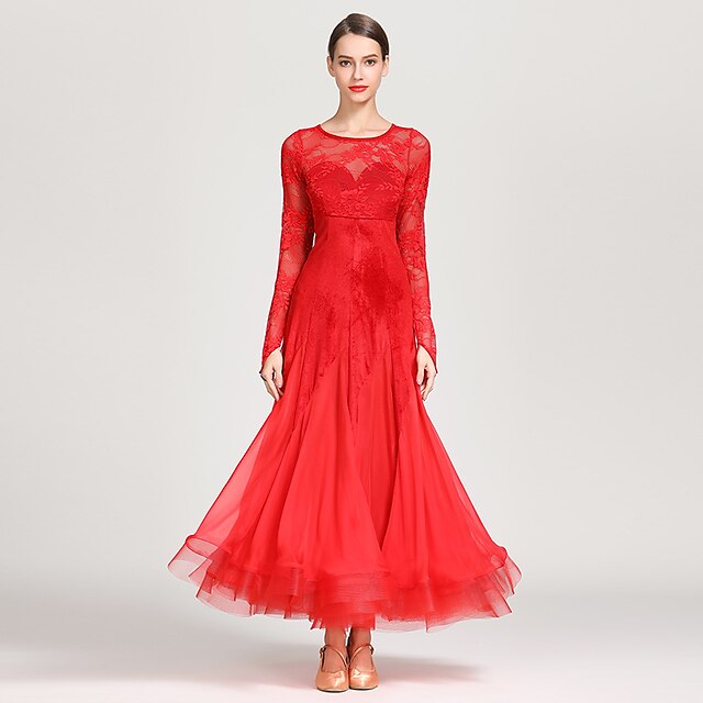  Ballroomdansen Kleding Appliqués Combinatie Dames Opleiding Prestatie Lange mouw Natuurlijk Chiffon Kant Fluweel