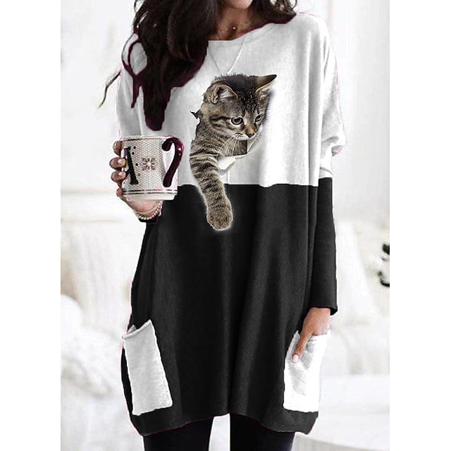  Women's T shirt Dress Cat Graphic 3D Long Sleeve Patchwork Print Round Neck Tops Basic Basic Top Black Gray