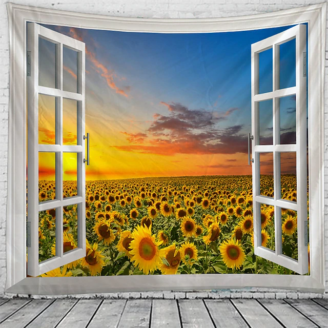 Window Landscape Wall Tapestry Art Decor Blanket Curtain Hanging Home Bedroom Living Room Decoration Garden Sunflower Sunset Pastoral 9