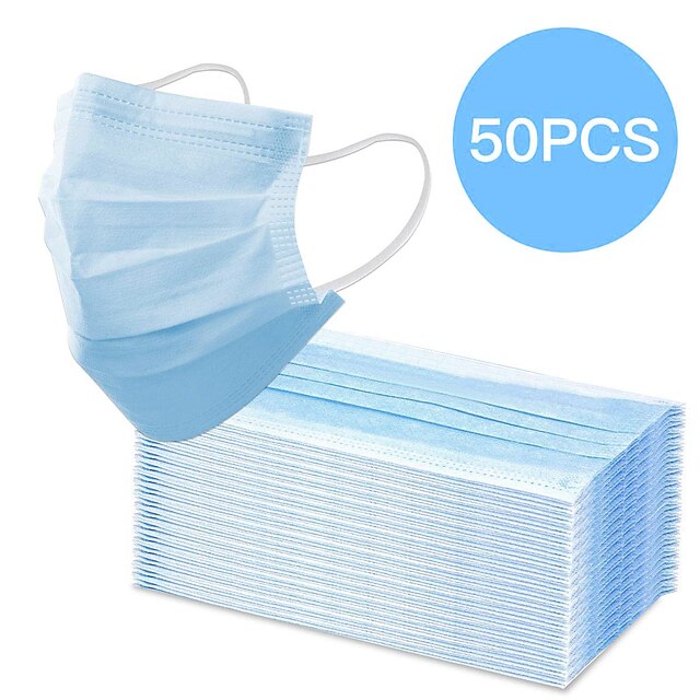  50 pcs masque facial imperméable respirant protection jetable 3 couches de tissu non tissé fondre filtre en tissu soufflé bleu