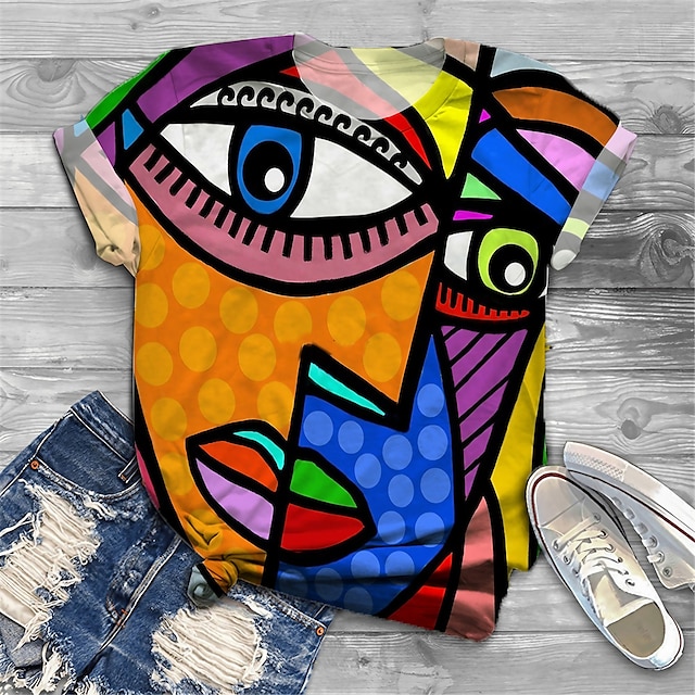  Women's Plus Size Tops T shirt Graphic Abstract Eye Print Short Sleeve Round Neck Big Size / Holiday