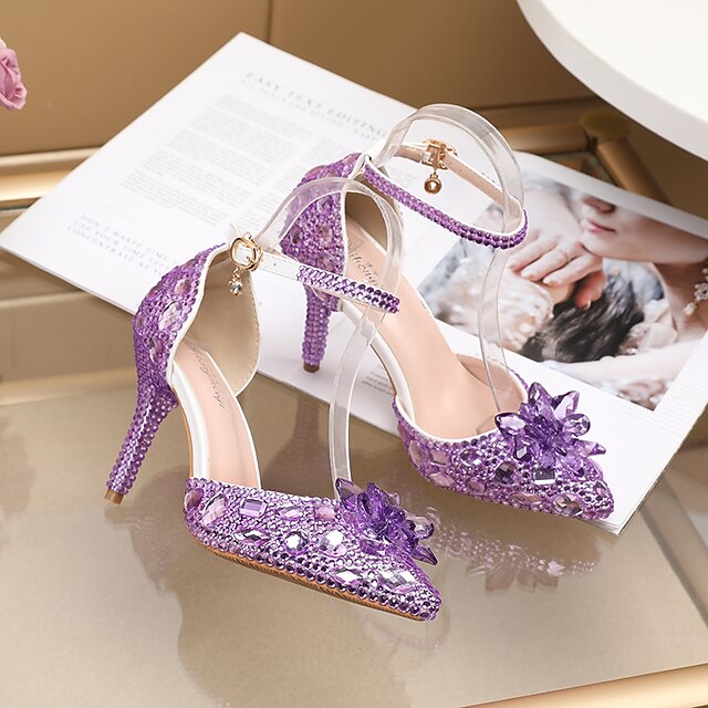 Platform Heels with Rhinestone Ankle Strap - Purple