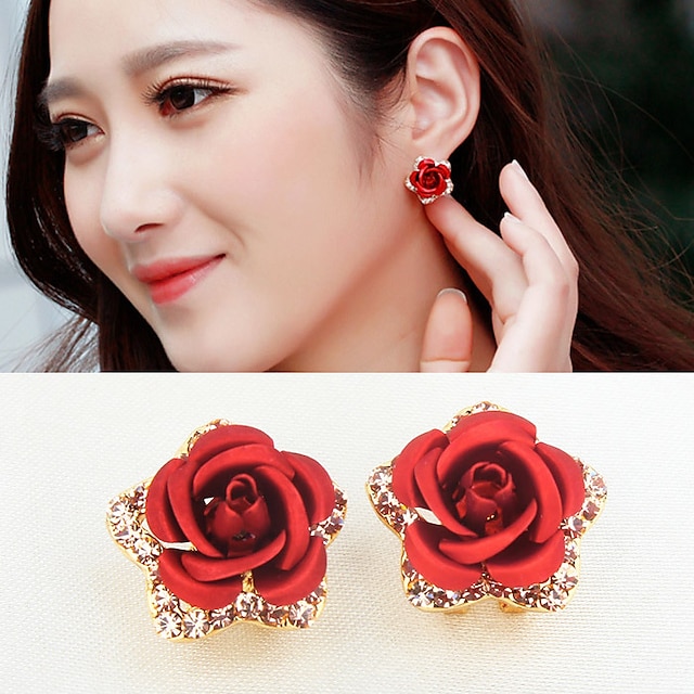  womens delicate rose flower rhinestone ear stud earrings red