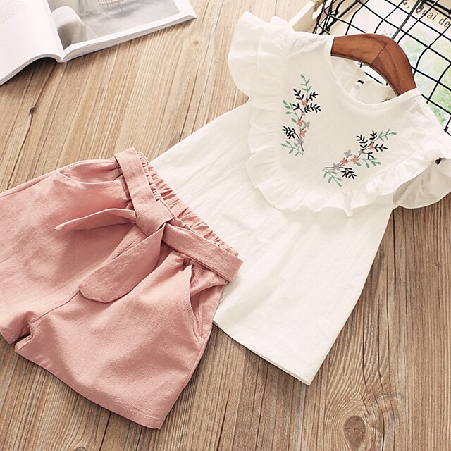  Kids Girls' Clothing Set Outfit Floral Short Sleeve Print Cotton Set Basic Green Pink