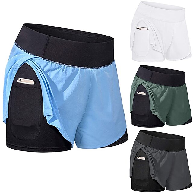  Women's Running Shorts Athletic Shorts Bottoms 2 in 1 with Phone Pocket Fitness Gym Workout Running Jogging Exercise Butt Lift Breathable Quick Dry Sport Solid Colored White Black Army Green Light