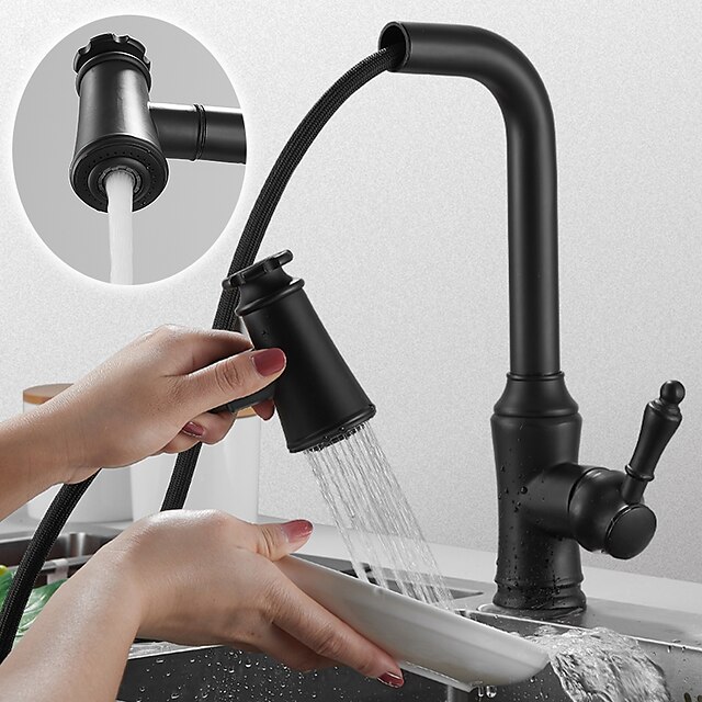  Kitchen Faucet,Black Single Handle One Hole Electroplated Painted Finishes Pull-out Standard Spout/Spray 2Modes Tall ­High Arc Antique Kitchen Taps with Hot and Cold Switch