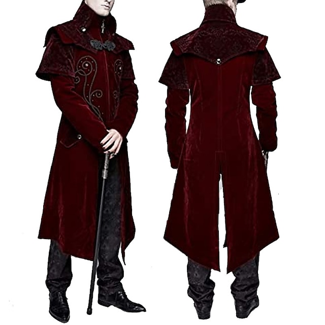 Men's Gothic Vampire Blood Red Velvet Capelet Overcoat