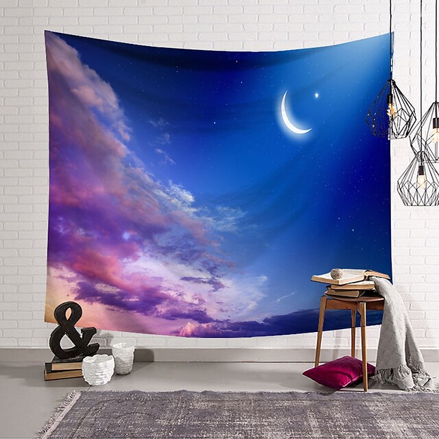  wall tapestry art decor blanket curtain hanging home bedroom living room decoration little crescent moon purple clouds polyester
