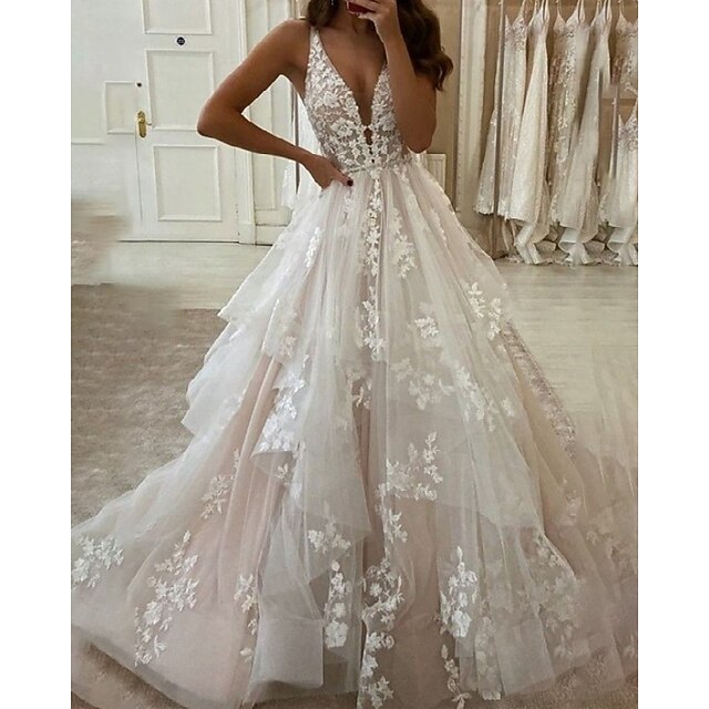 Ball Gown V Neck Sleeveless Floor Length Wedding Dress with Lace Appliques UQ2594 main image 1