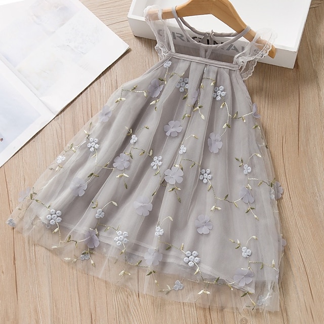  Kids Girls' Dress Solid Color Floral Sleeveless Casual Mesh Hollow Out Embroidery Cute Boho Mesh Lace Sundress Summer Pink Gray