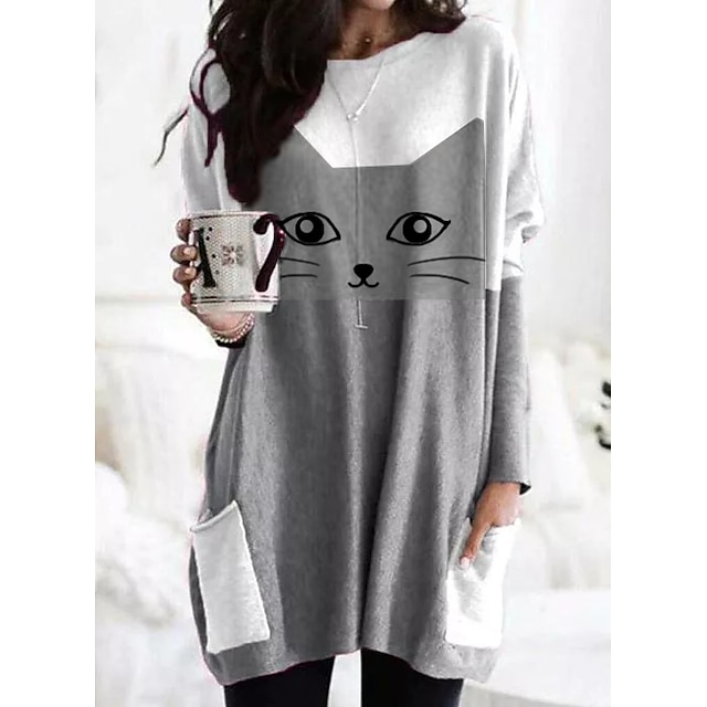  여성용 T 셔츠 드레스 고양이 그래픽 긴 소매 패치 워크 프린트 라운드 넥 탑스 베이직 기본 탑 블랙 그레이