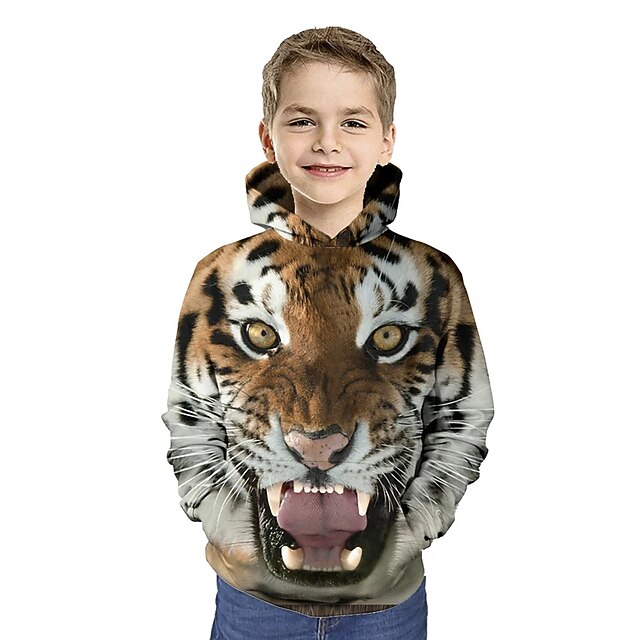 Kids Toddler Boys' Hoodie & Sweatshirt Long Sleeve Tiger Print Color Block Geometric 3D Print Brown Children Tops Active Basic3