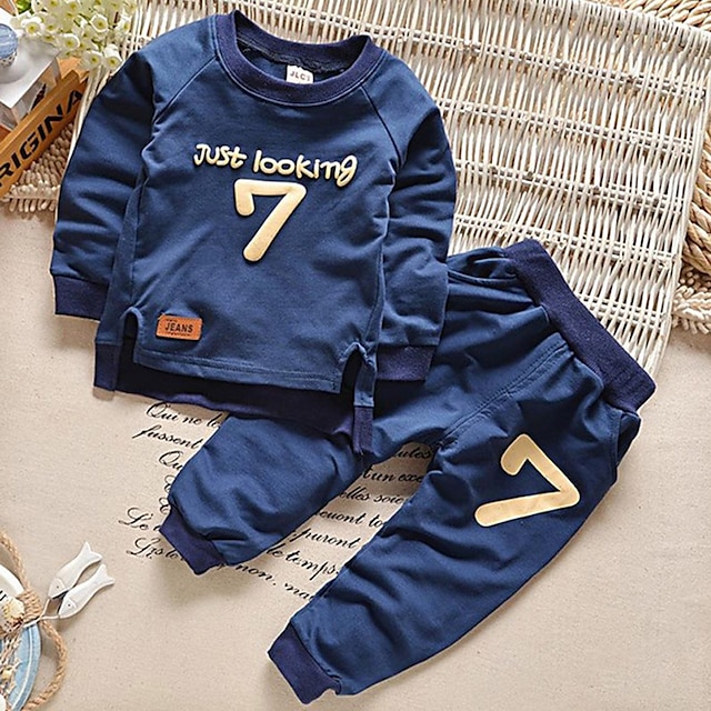 Baby & Kids Boys Clothing | Kids Boys Sweatshirt & Pants Clothing Set Long Sleeve Blue Print Graphic Letter & Number Print Cotto