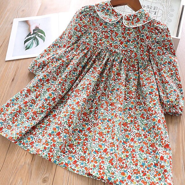 Baby & Kids Girls Clothing | Kids Toddler Little Girls Dress Floral Graphic Solid Colored Print Blue Red Above Knee Long Sleeve 