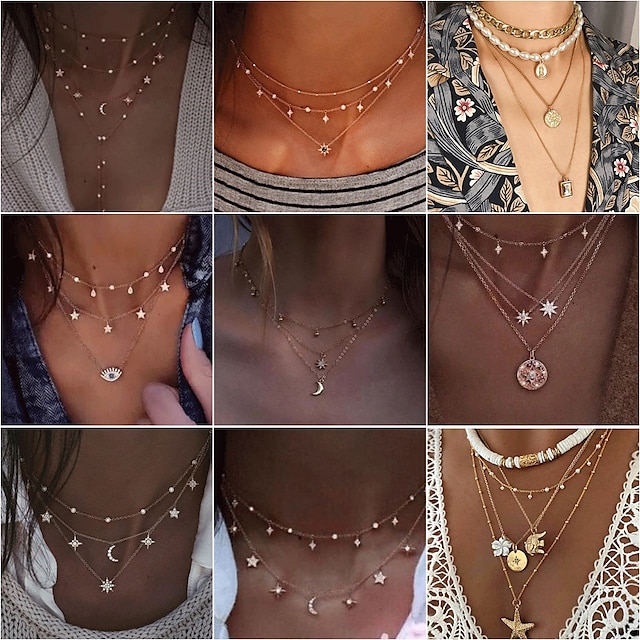  Choker Necklace Charm Necklace Layered Star Ladies Punk Lolita Bohemian Fashion Rhinestone Alloy Gold Layer Necklace 1 Layer Necklace 2 Layer Necklace 3 Layer Necklace 4 40 cm Necklace Jewelry