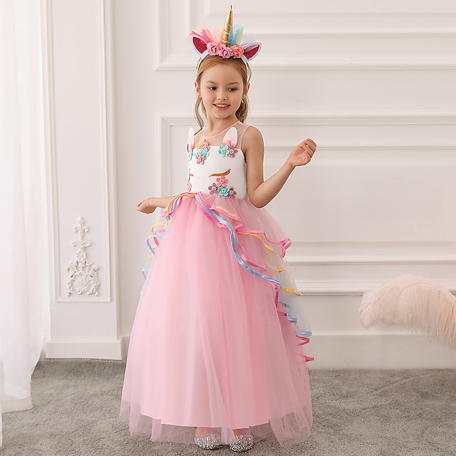 Kids Little Girls' Dress Unicorn Rainbow Princess Dress Long Tulle Gown Flower Mesh Tulle Maxi Sleeveless  Summer 4-13 Years