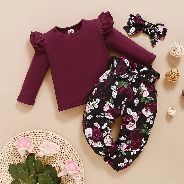 Girls' 3D Floral Solid Colored Clothing Set Long Sleeve Basic Toddler 1-4 Years School Daily Wear Regular Fit 10