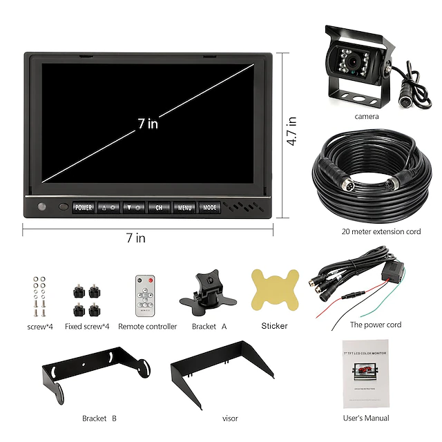 Rear View Camera Kit with 7 LCD Monitor 120 Wide Angle Rearview Camera ...