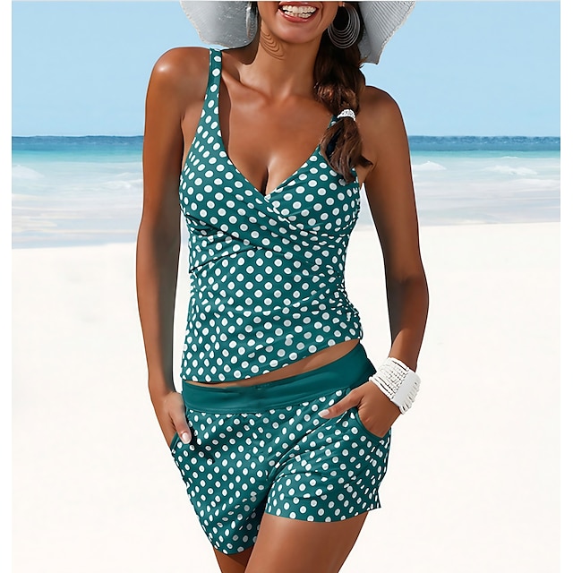  Women's Swimwear Tankini 2 Piece Swimsuit Push Up Polka Dot Green Black Army Green Vest Bathing Suits New Casual Vacation / Sports / Summer / Padded Bras