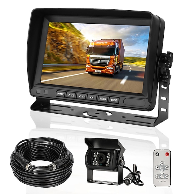  Rear View Camera Kit with 7 LCD Monitor 120 Wide Angle Rearview Camera IP68 Waterproof 18IR Night Vision Reversing Camera for Truck Trailer Bus Van Agriculture Heavy Transport (9-32V)