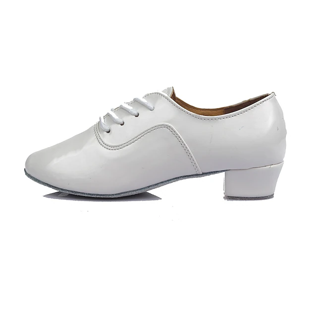 Men's White Patent Leather Lace-Up Dance Shoes – Comfortable Low Heel and Soft Suede Sole for Ballroom and Latin Dance2