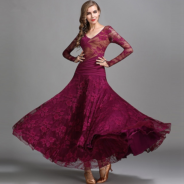  Ballroom Dance Dress Ruching Split Joint Women's Performance Training Long Sleeve Natural Lace Milk Fiber