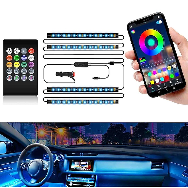  rgb רכב led רצועת פנים אורות דקורטיביים אור סביבה אפליקציית בקרת סאונד יחידת חיבור עצמאית מנורת אווירה 12v