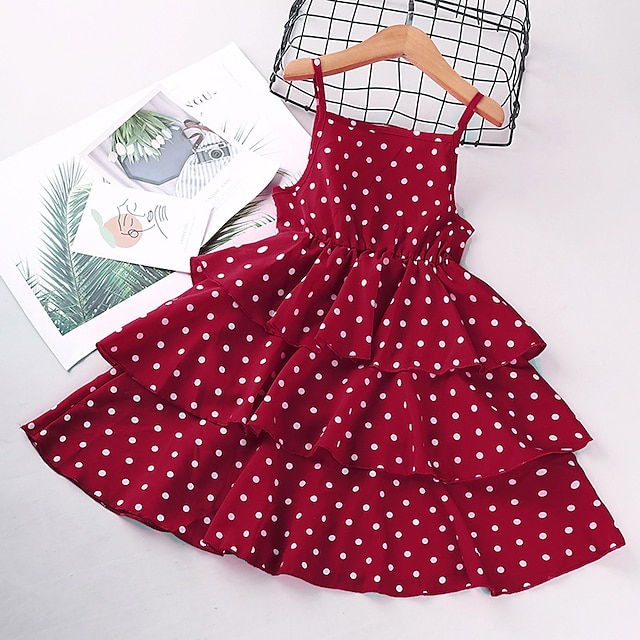  فستان للفتيات الصغيرات فستان صيفي منقّط بطبعة حمراء بلا أكمام فساتين لطيفة عادية تناسب 3-12 سنة