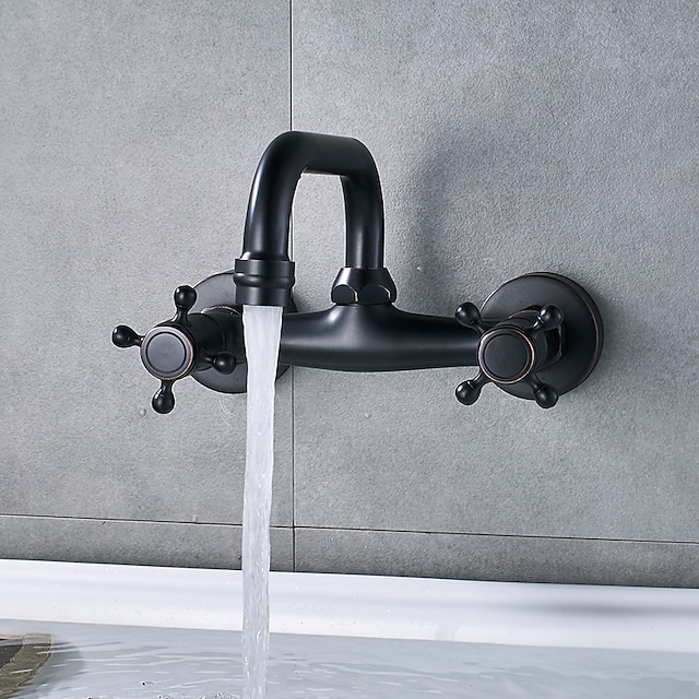  Bathroom Sink Mixer Faucet Wall Mount, Vintage 2 Handle 3 Holes Basin Taps with Cold Hot Water Hose, Washroom Mono Basin Vessel Taps Deck Mounted Oil-rubbed Bronze
