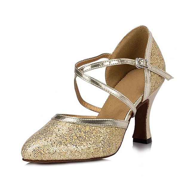  Pentru femei Sală Dans Pantofi Moderni Performanță Petrecere Vals Călcâi Strălucire Grosime călcâială Buclă Cureaua de legătură Argintiu Auriu