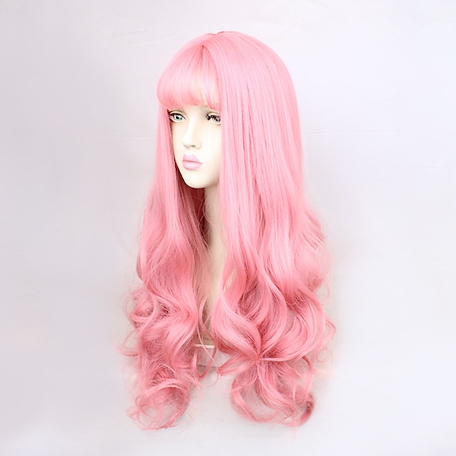  syntetisk paryk deep wave pæn bang paryk pink mellemlængde mintgrøn sort pink syntetisk hår kvinders cosplay festmode pink sort