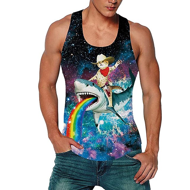 Men's Cat Tank Top Vest Undershirt Sleeveless T shirt 3D Print Crew Neck Shirt Casual Beach Daily Holiday Rainbow Summer Clothing Apparel S M L XL XXL 3XL4
