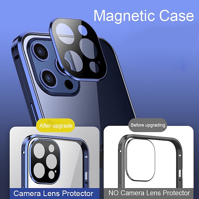  Coque 360 Magnetic Adsorption Case For iPhone 13 12 11 Pro Max XS XR Max 7 8 PLUS Case Metal Bumper Tempered Glass Cover Camera Lens Protector Film Clear Full Body Protection Mobile Phone Case