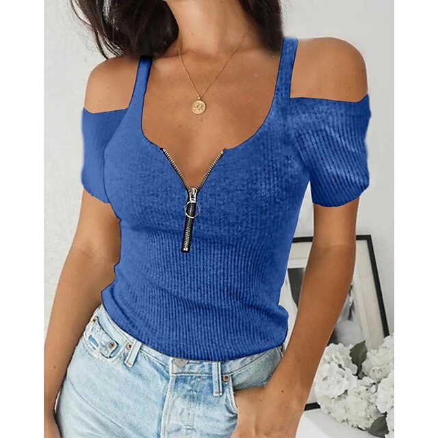 

Women's Sweater Zipper Solid Color Stylish Short Sleeves Sweater Cardigans Off Shoulder Fall Spring / Slim