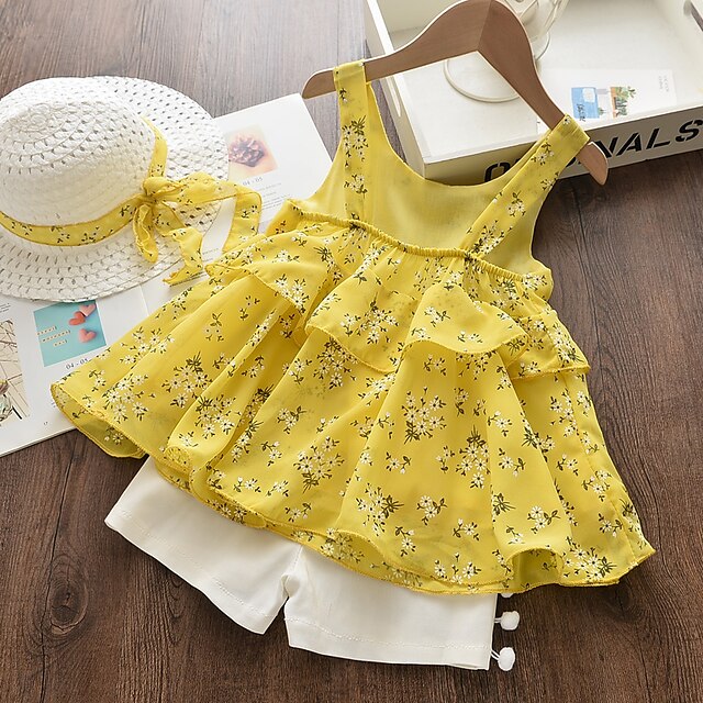 Baby & Kids Girls Clothing | Kids Girls Clothing Set Sleeveless Pink Yellow Floral Bow Print Cotton Daily Wear Active Basic Regu