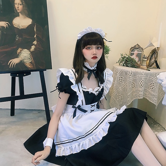 Toys & Hobbies Cosplay & Costumes | Lolita Maid Uniforms Cute Dress Maid Suits Womens Japanese Cosplay Costumes Black Solid Colo