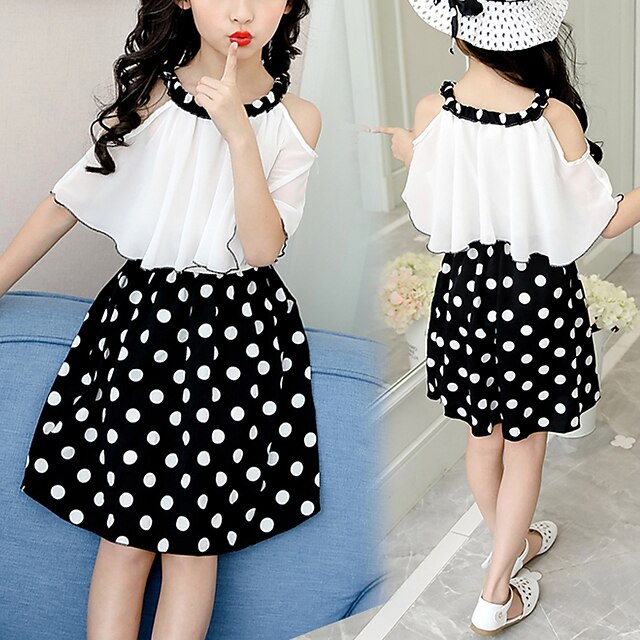  Girls' Half Sleeve Polka Dot 3D Printed Graphic Dresses Sweet Knee-length Polyester Dress White Kids Holiday Loose Fit