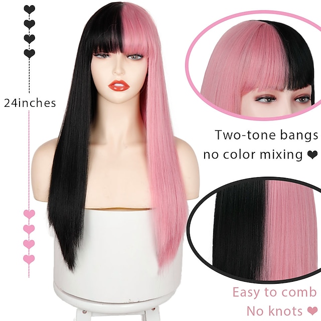  女性用ピンクウィッグ合成ウィッグナチュラルストレートニートバングウィッグ24インチa15a16 a17 a18a19人工毛女性のコスプレパーティーファッションブラックピンク