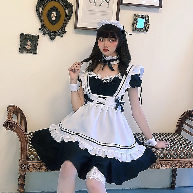 Toys & Hobbies Cosplay & Costumes | Lolita Maid Uniforms Cute Dress Maid Suits Womens Japanese Cosplay Costumes Black Solid Colo