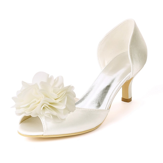  Women's Wedding Shoes Wedding Heels Wedding Sandals Bridal Shoes Satin Flower Kitten Heel Peep Toe Satin Loafer Solid Colored White Ivory