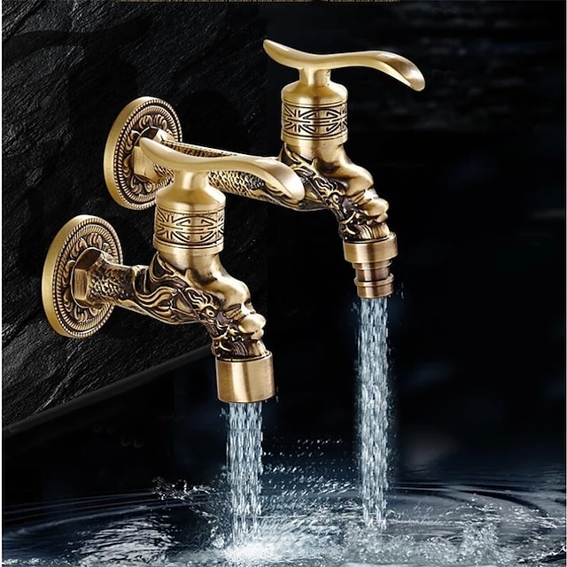  Outdoor Faucet,Wall Mount Antique Brass Faucet,Garden Outdoor Decorative Hose 1/2 inch Connection Spigot Carving Desigh with Cold Water Only