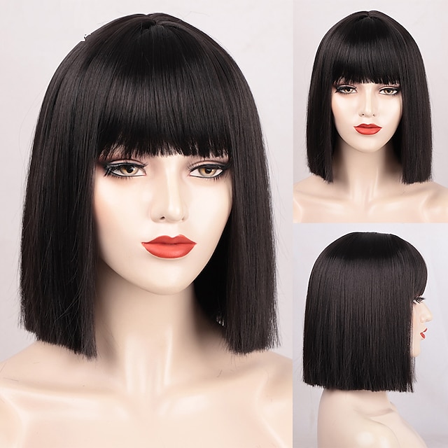 Beauty & Hair Wigs & Hair Pieces | Black Wigs for Women Blunt Cut Bob Short Straight Black Wig with Bangs Synthetic Bob Wigs for