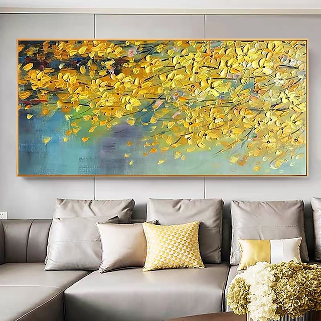  Pintura a óleo 100% artesanal arte de parede pintada à mão em tela paisagem moderna planta flores amarelas decoração de casa decoração lona enrolada sem moldura não esticada