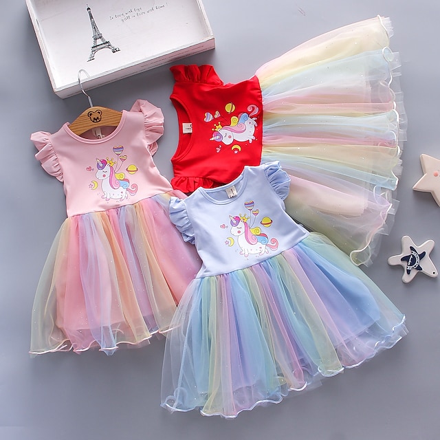  Girls' Sleeveless Cartoon Rainbow 3D Printed Graphic Dresses Sweet Knee-length Polyester Dress Summer Horse Toddler Loose Fit Print