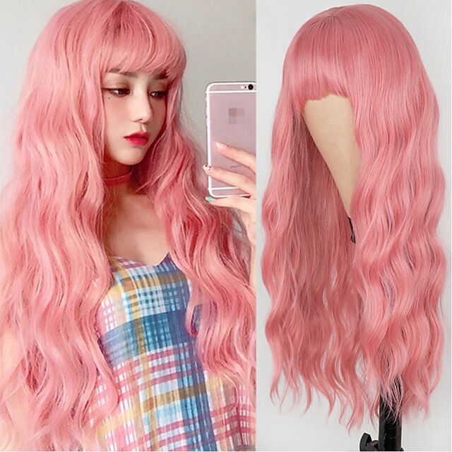 Beauty & Hair Wigs & Hair Pieces | Synthetic Wig Water Wave Neat Bang Wig Pink Blonde Medium Length A1 A2 A3 A4 A5 Synthetic Hai